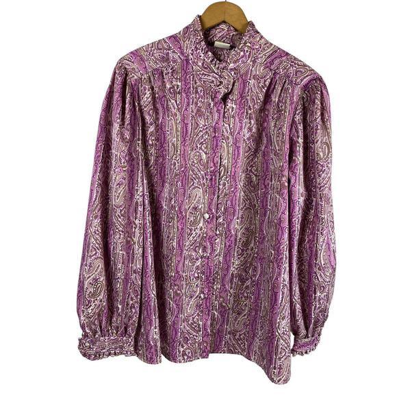 Vintage 1960s Blouse High Ruffle Neck Purple Paisley Button Up Secretary 42 / 2X - Picture 2 of 15